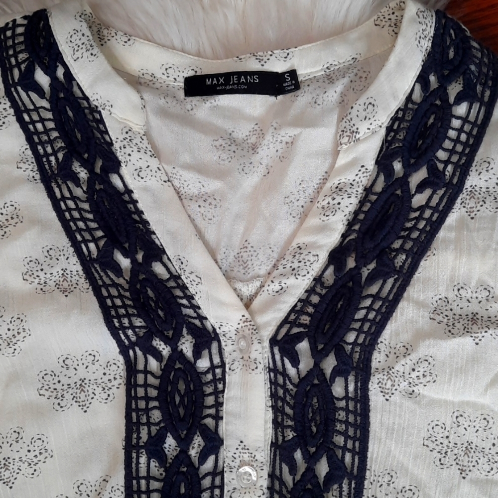 Max Jeans Dress Peasent Boho Crochet front Midi Cream Colored - Picture 2 of 6